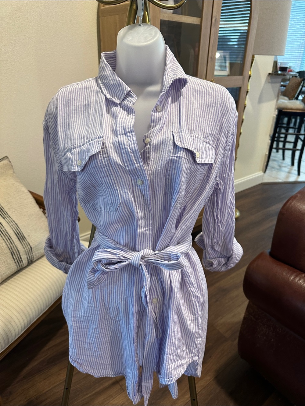 Light Lavendar & White Striped Tie-Waist Shirt